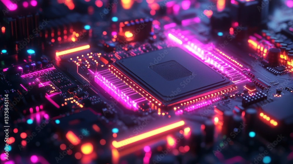 Poster detailed rendering of a modern circuit board with glowing neon lights representing the intricate net