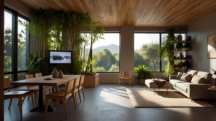 Modern hotel room living room with furniture and wooden details