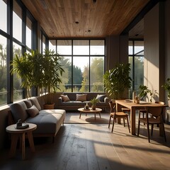 Fototapeta premium Modern hotel room living room with furniture and wooden details