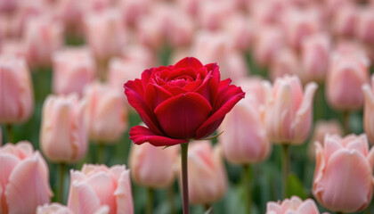 Fototapeta premium vibrant red rose stands out among soft pink tulips beautiful garden, creating striking contrast and evoking feelings of love