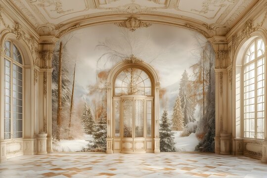 Rococo empty room with winter woodland wall mural, photography backdrop.