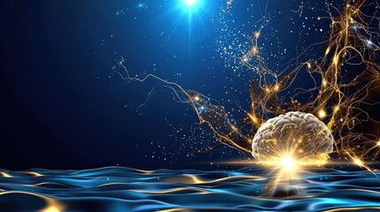 Blue abstract background with human brain and flashes of light and electrical sparks