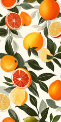 wallpaper pattern of citrus fruits and leaves, with oranges and lemons