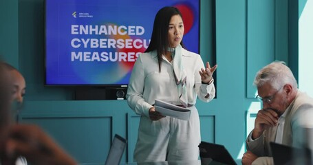 Presentation, meeting and woman with business people for cybersecurity training, workshop and info. Professional, corporate and workers with monitor for data protection, digital security and safety