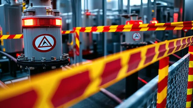 Close-up of warning signs affixed to high-voltage transformers, red and yellow caution tape draped across safety barriers, with thick electrical cables snaking around each unit in