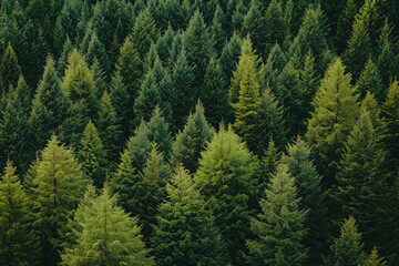 Lush green forest with dense coniferous trees creating serene atmosphere. varying shades of green add depth and richness to natural landscape