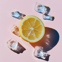 fresh lemon floating in a liquid with ice cubes.
