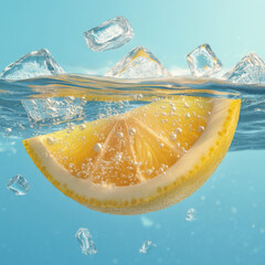 Half a fresh lemon floating in a liquid with ice cubes. 