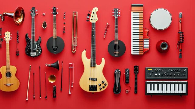 A clean music rental store flyer showcasing diverse instruments and bold fonts. digital