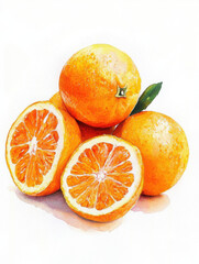 Oranges watercolor painting, five fresh whole oranges, 