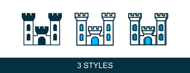 Filled outline Castle icon isolated on white background. Medieval fortress with a tower. Protection from enemies. Reliability and defense of the city. Vector
