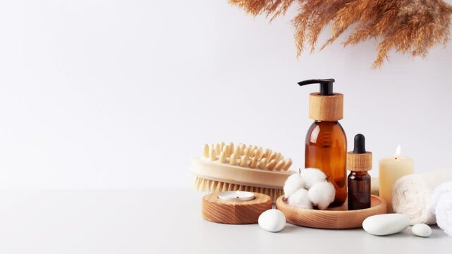Spa treatment with natural skin care products flowers, towel and basket on white background. Close up, copy space.