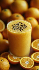 oranges, a sweaty glass, orange juice, lying on oranges, top view 