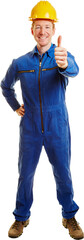 Bauarbeiter im Blaumann hält Daumen hoch