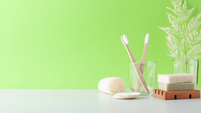Spa treatment with candles, towel and flowers on green background. Close up, copy space