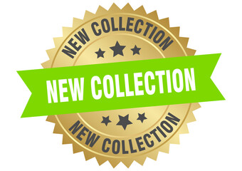 new collection. new collection round green and gold label isolated on transparent background