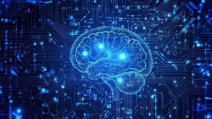 3D rendering of human brain on digital background. Artificial intelligence concept.