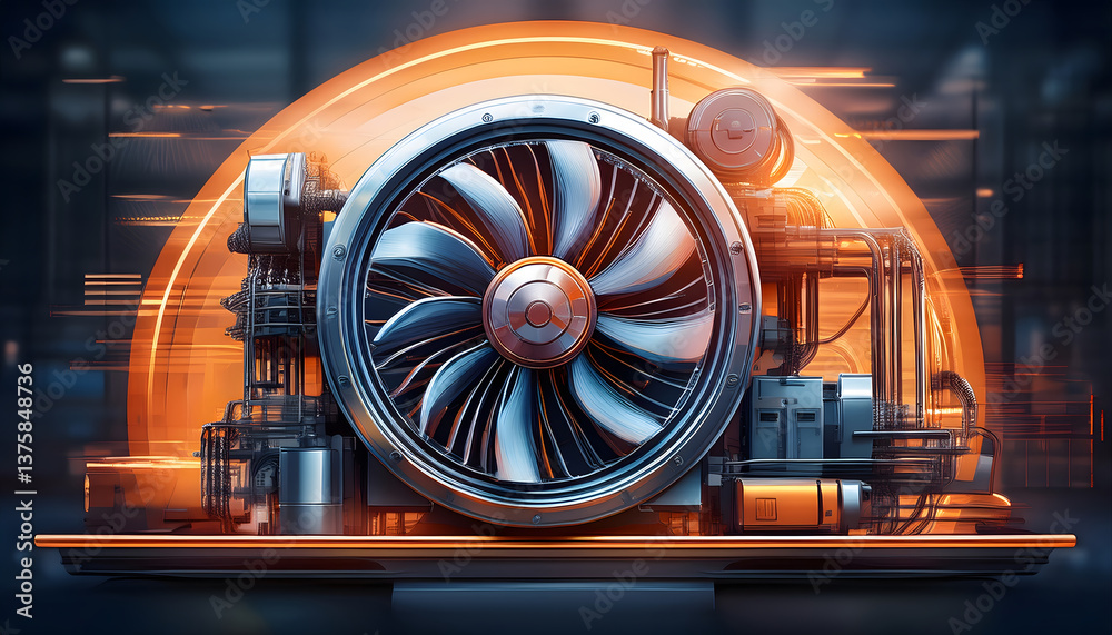 Poster futuristic turbine engine with intricate mechanical details and vibrant lighting effects