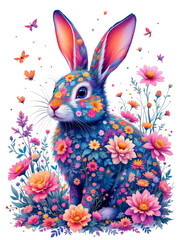 Fototapeta premium A whimsical and vibrant illustration of a rabbit adorned with colorful flowers