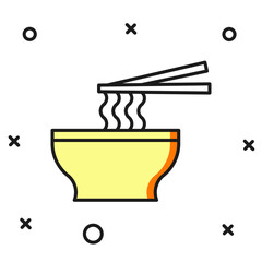 Filled outline Asian noodles in bowl and chopsticks icon isolated on white background. Street fast food. Korean, Japanese, Chinese food. Flat filled outline style with shadow. Vector