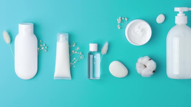 Cosmetic skin care products with flowers on blue background. Flat lay, copy space