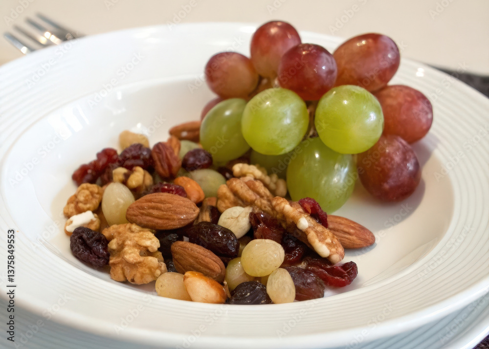 Poster bowl with grapes and nuts on white surface.