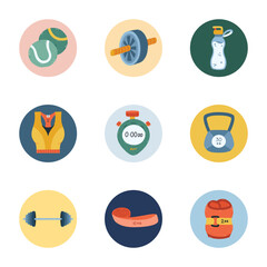 Fototapeta premium Lovely cartoon round cover icon with fitness and gym clipart for different social media, blogs, branding. Highlight icons for stories with barbell, sport bra, resistance band doodle in pastel colors