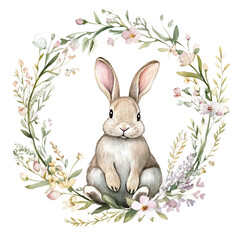 Obraz premium Delicate watercolor rabbit sitting inside a floral wreath, isolated on white background