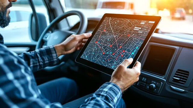 A logistics coordinator using a tablet inside the cab of a truck, optimizing delivery routes as the map on the screen highlights red traffic zones and alternate paths to avoid dela