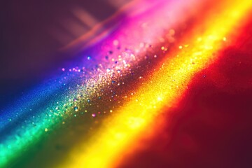 Rainbow glitter sparkles, vibrant colors, and bokeh effects create a magical, festive atmosphere.