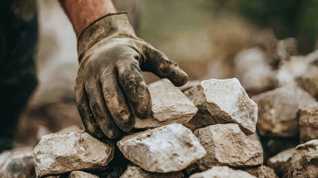 Worker carefully stacking stones during outdoor construction project in a natural setting