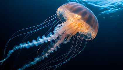 Bio-luminescent Jellyfish with Rippling Tentacles in Deep Ocean