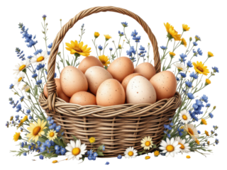 A charming wicker basket overflowing with brown and white speckled eggs, nestled amidst a vibrant arrangement of daisies, wildflowers, and yellow flowers