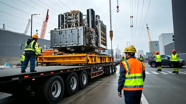 A high-voltage power transformer loaded on a massive flatbed truck, carefully driving through a construction zone, with onlookers and workers preparing for its arrival at the new s