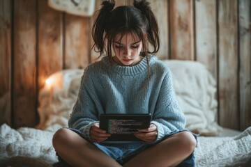 Young girl sits on bed, intently focused on coding displayed on her tablet.