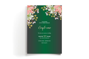 WEDDING INVITATION FRAME WITH FLOWER DECORATIONS AND FRESH LEAVES