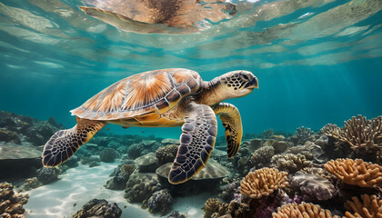 Obraz premium Green Sea Turtle Gracefully Gliding Over Vibrant Coral Reef