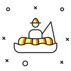 Filled outline Fisherman sitting in a boat and fishing with a rod icon isolated on white background. Flat filled outline style with shadow. Vector