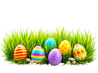 Fototapeta premium A vibrant image of brightly colored Easter eggs nestled amongst a bed of fresh, green grass