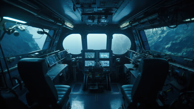 Interior view of a deep sea submarine cockpit with control panels and ocean outside