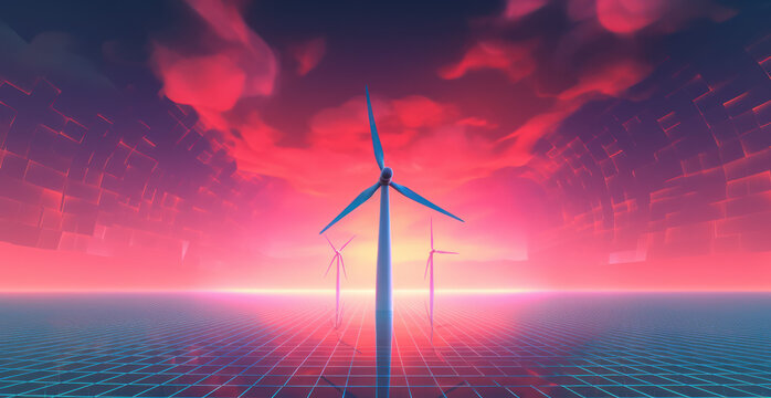 Futuristic digital art of wind turbines at sunset in a cyber-style landscape