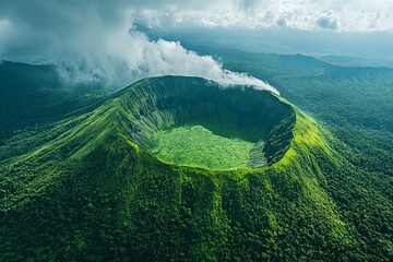 Lush green volcano covered in trees with clouds forming around the rim