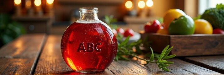 Vintage glass bottle with abc marking beside fresh vegetables on rustic table