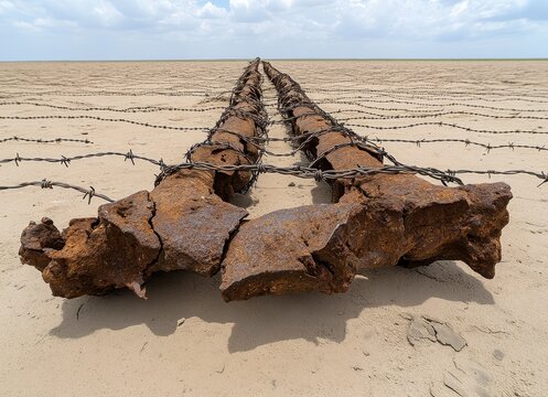 Rusty Parallel Structures on Arid Sand Under Partly Cloudy Sky