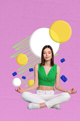 Pop trend collage of young girl sit meditate with email letters on purple color background