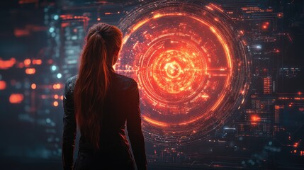 A woman observes a glowing digital portal with concentric rings