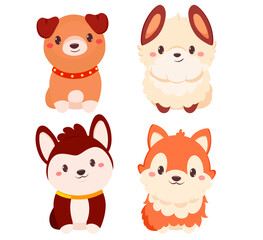 Fototapeta premium Set of cute cartoon dogs. Baby collection of avatar with puppy. Sweet set of baby animals. Can be used for t-shirt print, stickers, greeting card design. Vector illustration EPS8