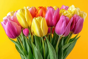 Vibrant bouquet of yellow, pink, and orange tulips against a sunny yellow background.