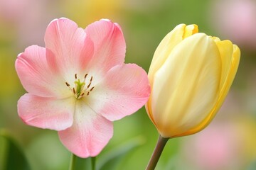 Fototapeta premium A delicate pink and yellow tulip pair, showcasing the beauty of springtime blossoms.