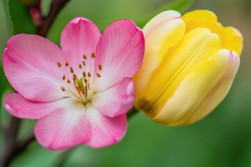 Fototapeta premium Close-up of a delicate pink flower beside a vibrant yellow tulip, showcasing nature's beauty.
